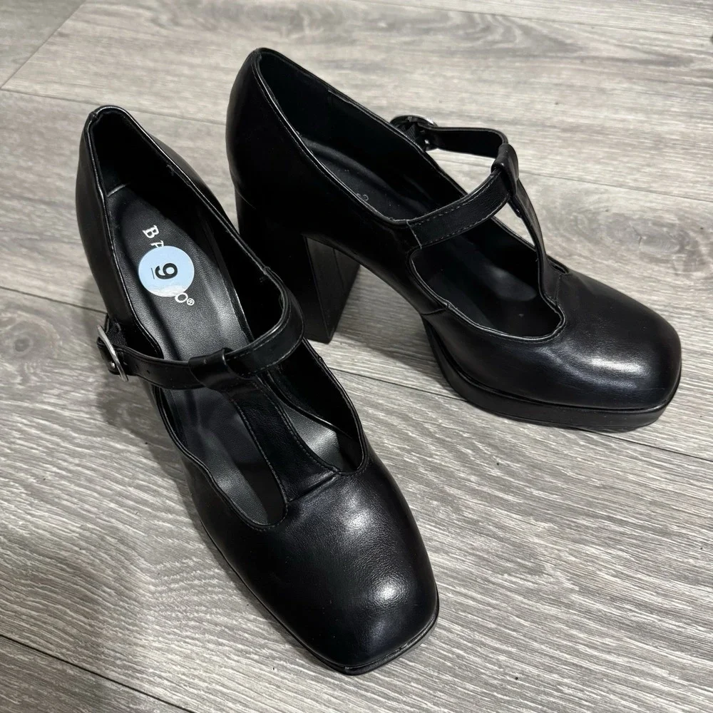 BAMBOO Black Academia Platform‎ Mary Jane Pumps Chucky Heel 9 Faux Leather Y2K